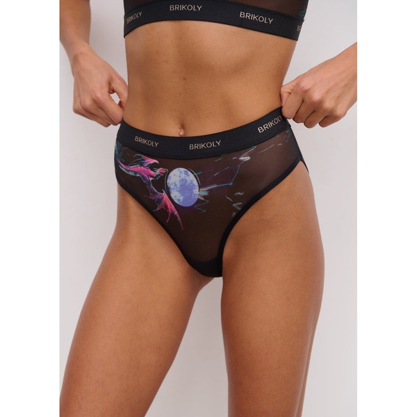 A clean, studio-lit close-up focusing on the branding and unique graphic print of high-waisted underwear on a model.